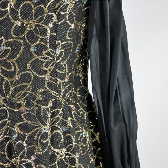 Vintage 1960s Black Gold Floral Printed Dress with Chiffon Long Sleeves Large - Picture 9 of 9